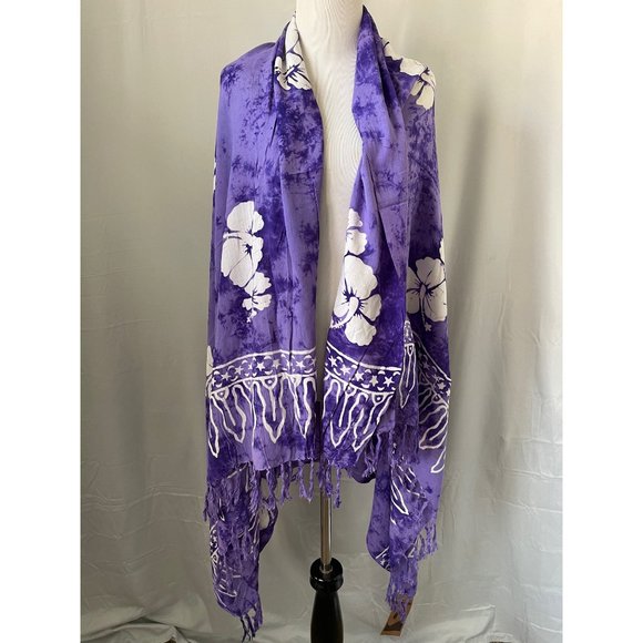 Pareos Del Caribe Purple/White Tropical Print Fringe Trim Tapestry/Sarong/Shawl - Picture 6 of 12